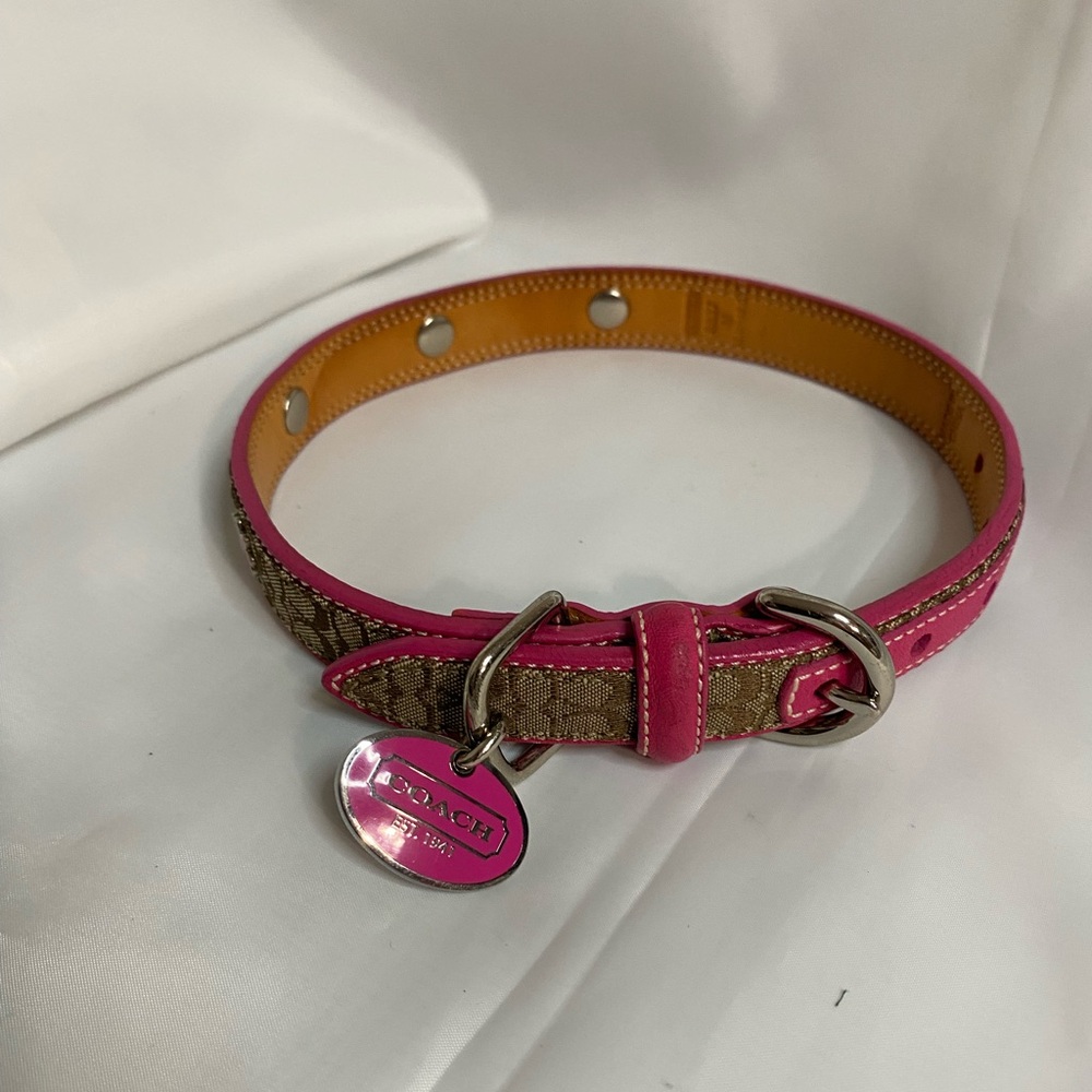 Coach Khaki Signature and Pink Leather Dog Collar